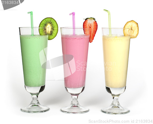Image of Banana, kiwi and strawberry milk shake and fresh fruis