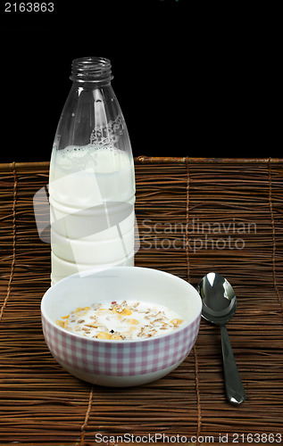 Image of Muesli breakfast in package.Bottle milk and spoon