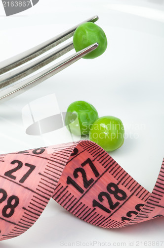 Image of Plate with peas and centimeter measure