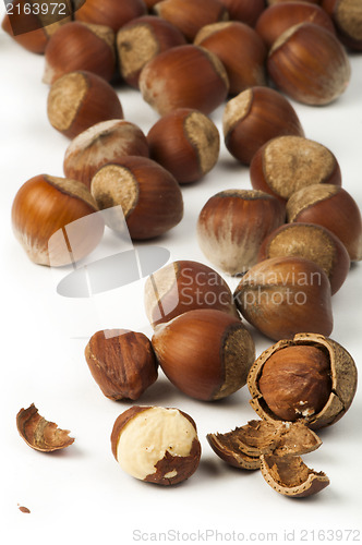 Image of Closeup raw hazelnuts white isolated