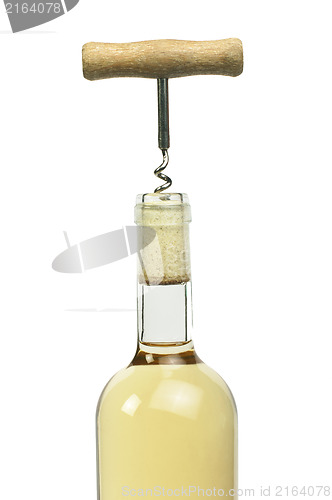 Image of A bottle of white wine and a corkscrew