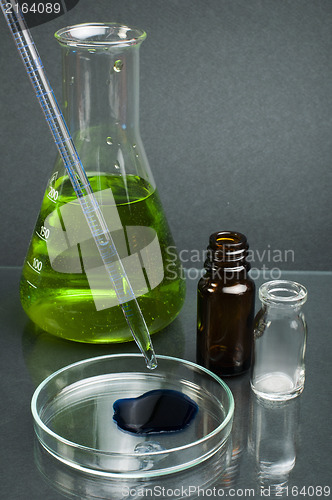 Image of Laboratory beaker filled with green color liquid substances