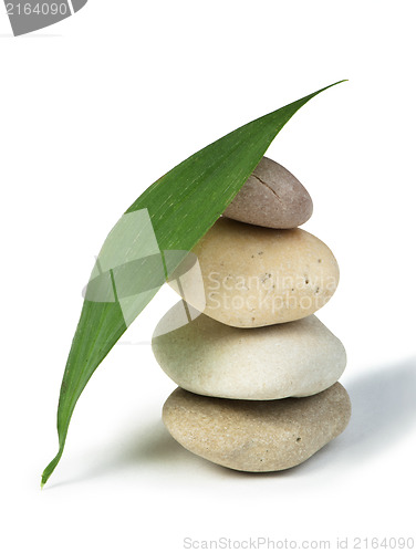 Image of Stacked stones and green leafs