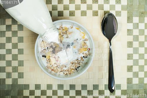Image of Muesli breakfast in package.Bottle milk and spoon