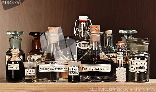 Image of Various pharmacy bottles of homeopathic medicine