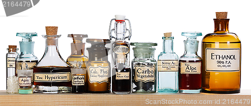 Image of Various pharmacy bottles of homeopathic medicine