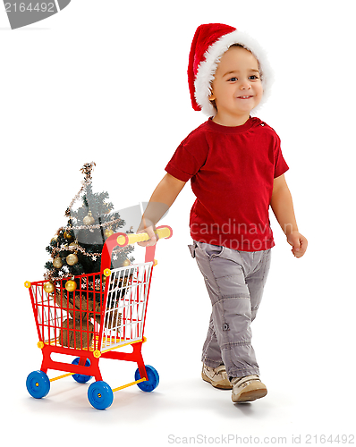 Image of Little boy pulling shopping cart with Xmas tree
