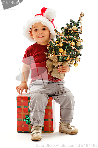 Image of Little christmas boy sitting on present, holding Christmas tree