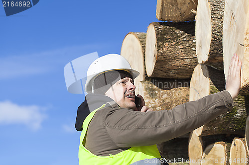 Image of Forester talking on the cell phone near at the log pile