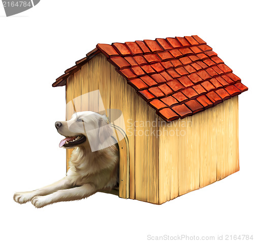 Image of Dog in a dog house. Golden retriver