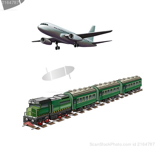 Image of Modern airplane, Green passanger train