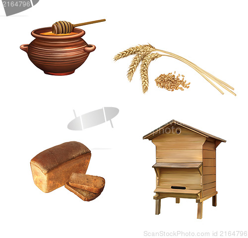 Image of Honney jar wooden dipper, Black Bread, Bee house, wheet ears grains