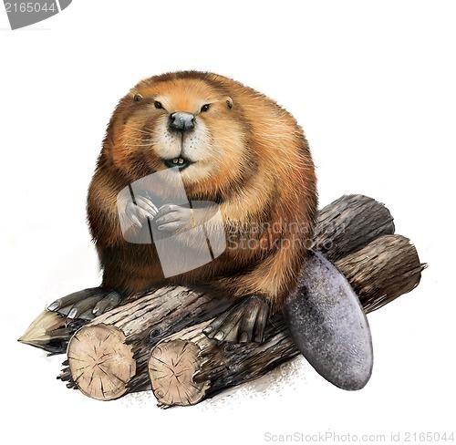 Image of Adult Beaver sitting on logs.
