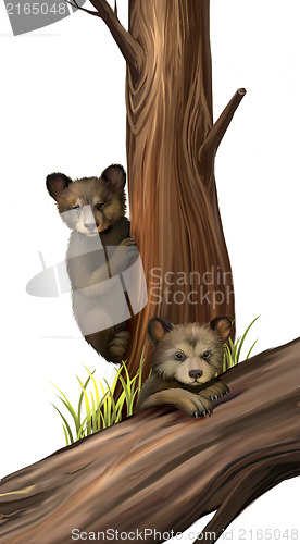 Image of Little teddy-bear bears playing. Fallen tree.