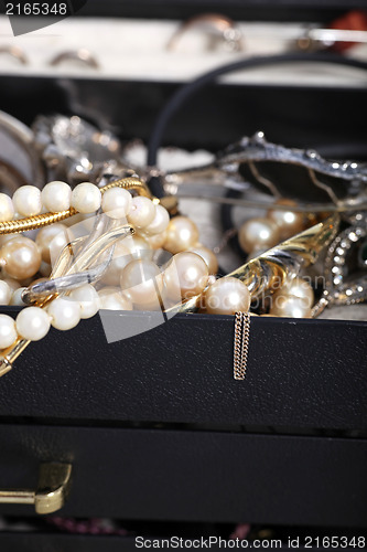 Image of Pearls and jewellery overflowing from a box