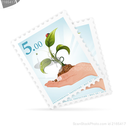 Image of Postage Stamps with Hand and Sprout