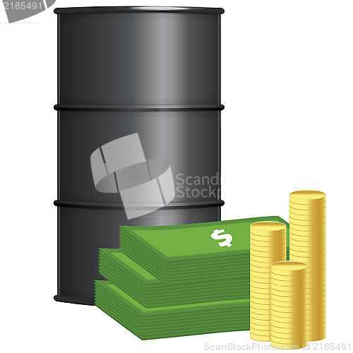 Image of Oil barrel with stack of money and coins