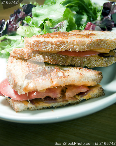 Image of grilled cheese sandwich bacon tomato vinaigrette salad and coles