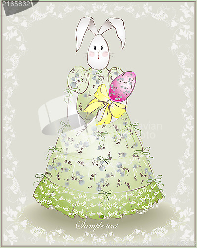 Image of Easter card.  Illustration of an easter rabbit with egg. Illustr