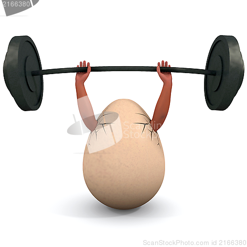 Image of Egg holds a dumbbell.