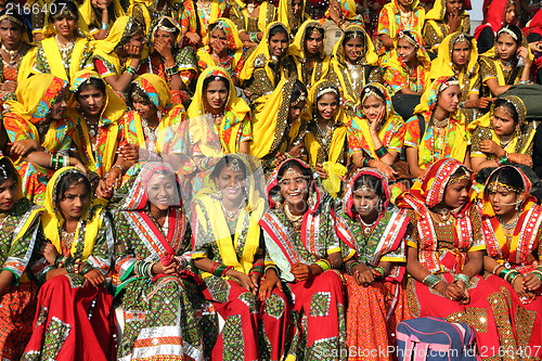 Image of Group of Indian girls in colorful ethnic attire