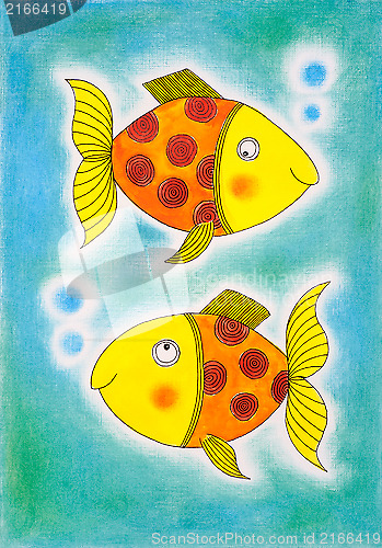 Image of Two golden fish, child's drawing, watercolor painting on paper