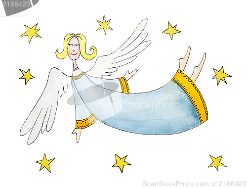 Image of Angel with stars, child's drawing, watercolor painting on paper