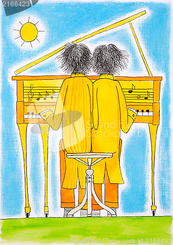 Image of Piano players, Gemini, child's drawing, watercolor painting on paper