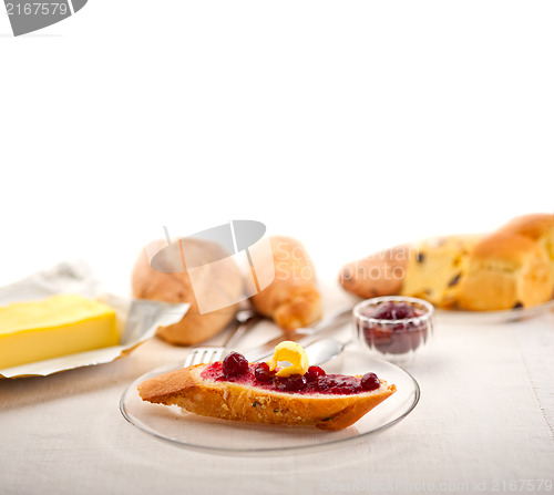 Image of bread butter and jam 