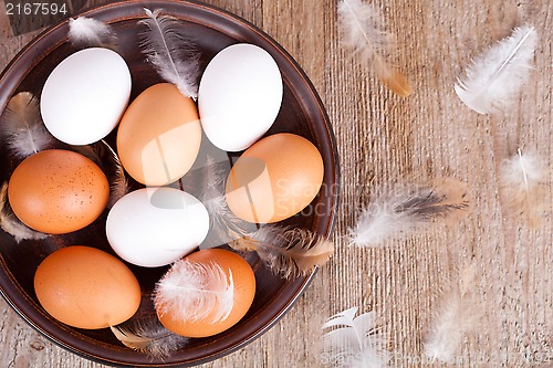 Image of eggs and feathers in a plate