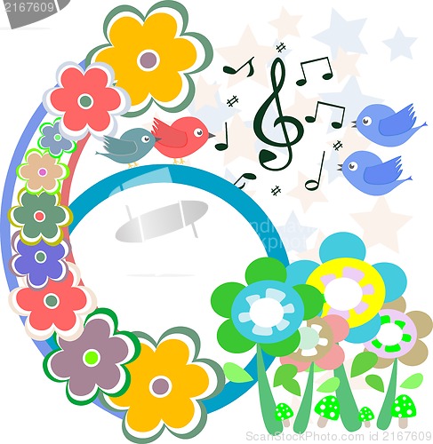 Image of birds in love, singing on abstract flower background