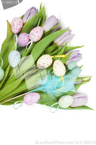 Image of Easter eggs and beautiful tulip bouquet