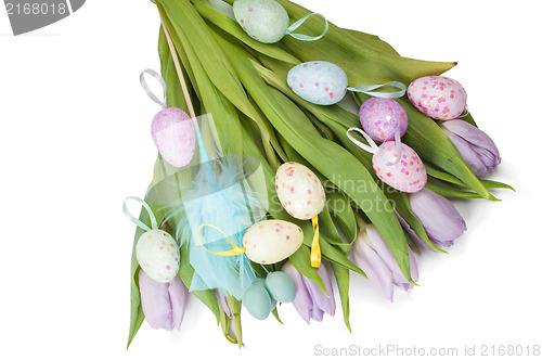 Image of Easter eggs and tulip bouquet