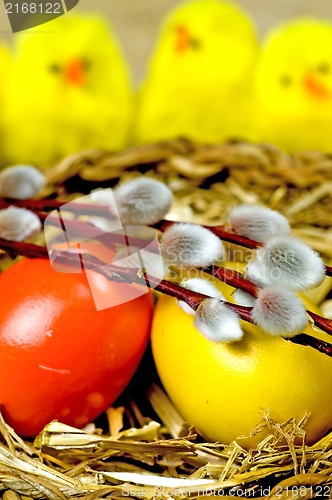 Image of easter basket with painted eggs, catkin and biddies