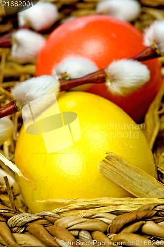 Image of easter basket with painted eggs and catkin 