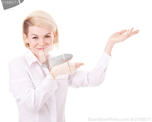 Image of Happy smiling young business woman showing blank area