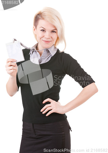 Image of Smiling businesswoman with blank ID badge