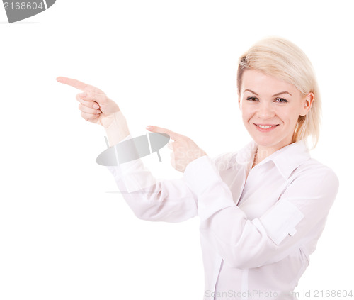 Image of Happy smiling young business woman showing blank area