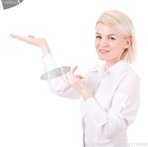 Image of Happy smiling young business woman showing blank area