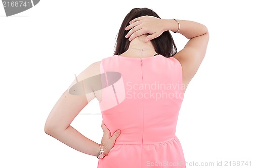 Image of Back View of a Woman with Neck Pain - Isolated over a white back