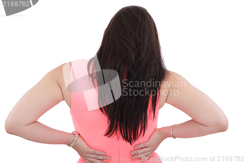 Image of Business woman with back pain isolated over white background