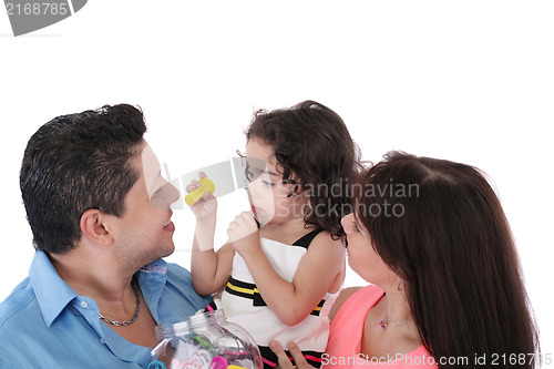 Image of Dad, wife and daughter in the studio on a white background.  Foc