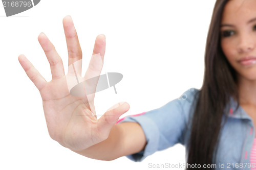 Image of female hand reaching or touching something with fingers isolated