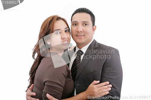 Image of Happy smiling couple in love. Over white background.