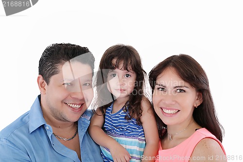 Image of Happy young family with little girl posing on white background