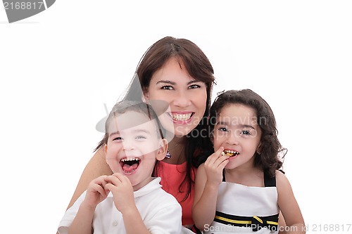 Image of Mother, son and daughter having fun on a white background.