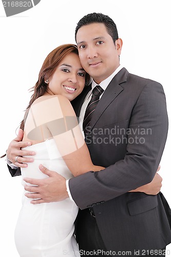 Image of Loving couple smiling to camera over white background