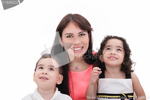 Image of Mother, son and daughter in a happy embrace on a white backgroun