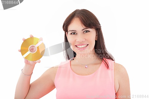 Image of Woman with cd. Over white background