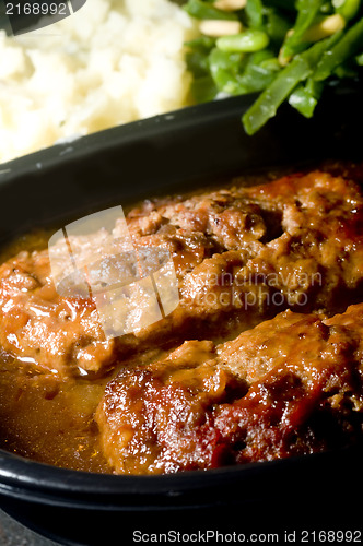 Image of meat loaf micro wave with mashed potatoes string beans